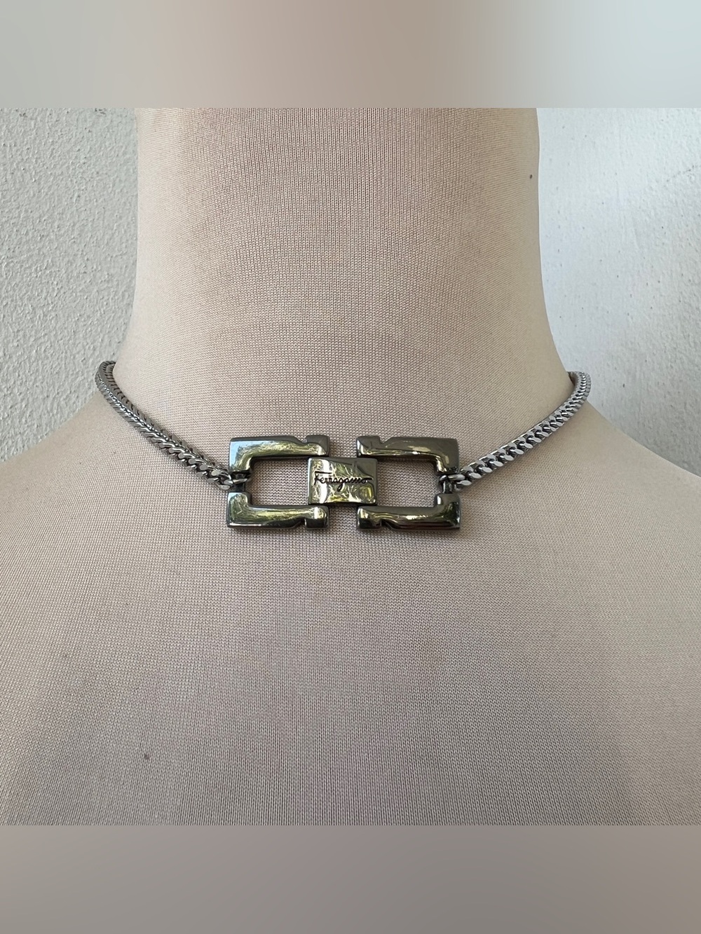 Custom Ferragamo Vtg Gunmetal Necklace | Silver Square Chain 14.5-16”